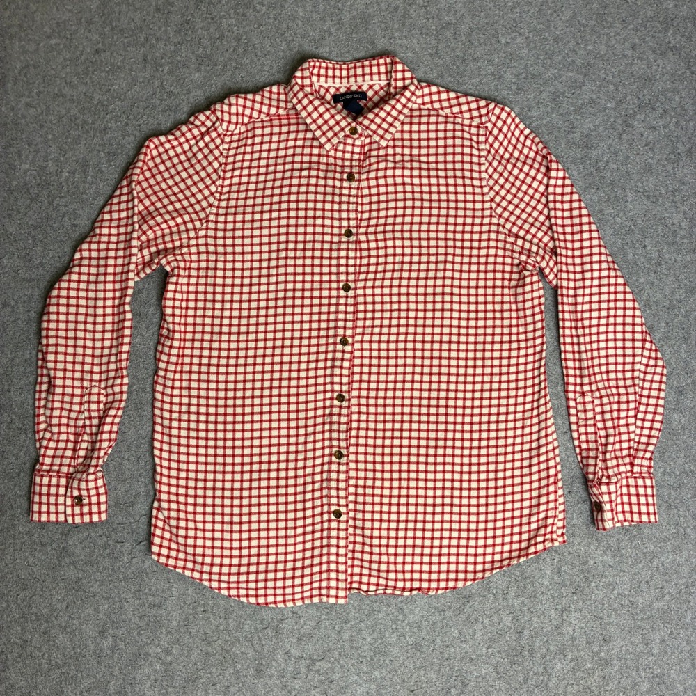 Lands End Flannel Shirt Womens 12 Red White Gingham Excellent Cotton Button Up